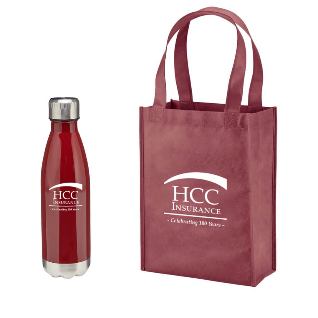 Custom promotional products consisting of a water bottle and swag bag for HCC Insurance in New Bedford MA.